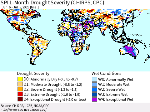 World SPI 1-Month Drought Severity (CHIRPS) Thematic Map For 6/6/2023 - 7/5/2023