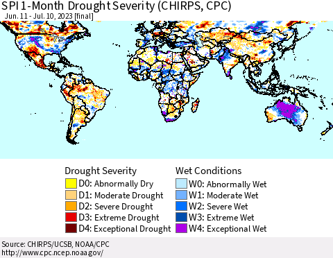World SPI 1-Month Drought Severity (CHIRPS) Thematic Map For 6/11/2023 - 7/10/2023