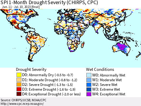 World SPI 1-Month Drought Severity (CHIRPS) Thematic Map For 6/11/2023 - 7/10/2023