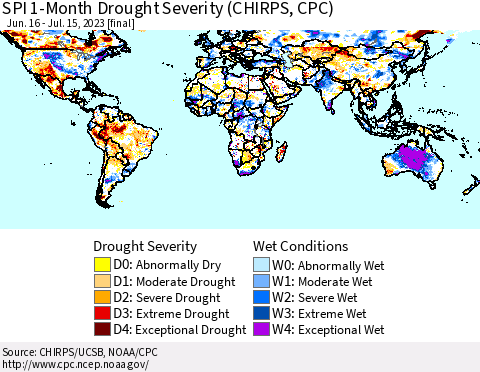 World SPI 1-Month Drought Severity (CHIRPS) Thematic Map For 6/16/2023 - 7/15/2023