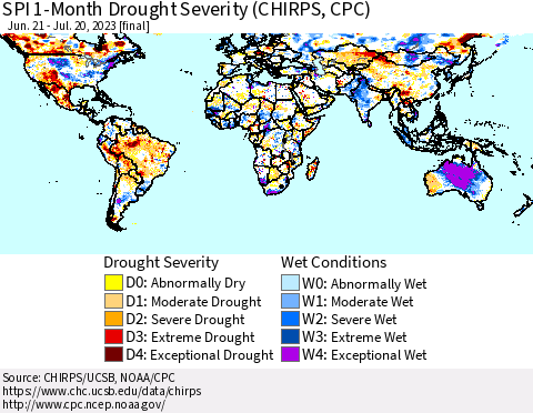 World SPI 1-Month Drought Severity (CHIRPS) Thematic Map For 6/21/2023 - 7/20/2023