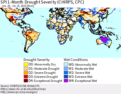 World SPI 1-Month Drought Severity (CHIRPS) Thematic Map For 6/26/2023 - 7/25/2023