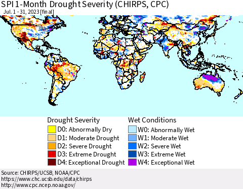 World SPI 1-Month Drought Severity (CHIRPS) Thematic Map For 7/1/2023 - 7/31/2023