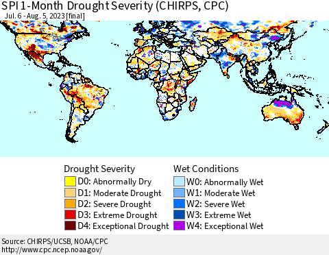 World SPI 1-Month Drought Severity (CHIRPS) Thematic Map For 7/6/2023 - 8/5/2023