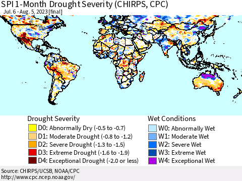 World SPI 1-Month Drought Severity (CHIRPS) Thematic Map For 7/6/2023 - 8/5/2023