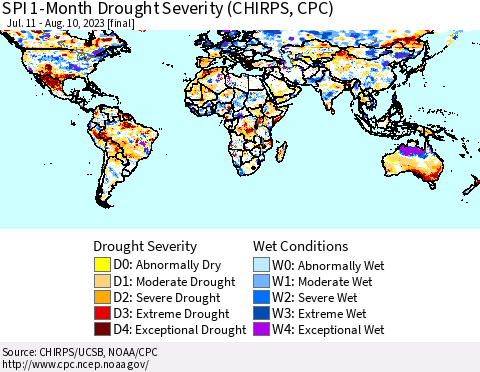 World SPI 1-Month Drought Severity (CHIRPS) Thematic Map For 7/11/2023 - 8/10/2023