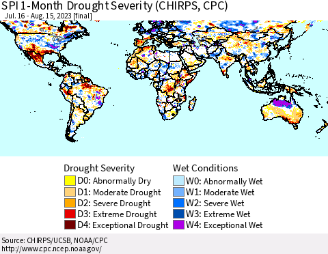 World SPI 1-Month Drought Severity (CHIRPS) Thematic Map For 7/16/2023 - 8/15/2023