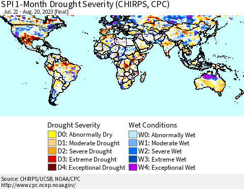 World SPI 1-Month Drought Severity (CHIRPS) Thematic Map For 7/21/2023 - 8/20/2023