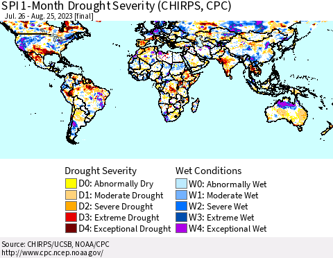 World SPI 1-Month Drought Severity (CHIRPS) Thematic Map For 7/26/2023 - 8/25/2023