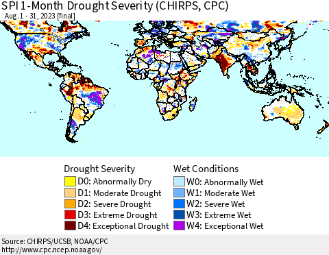 World SPI 1-Month Drought Severity (CHIRPS) Thematic Map For 8/1/2023 - 8/31/2023