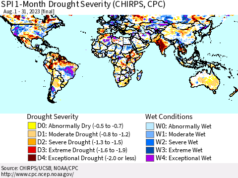 World SPI 1-Month Drought Severity (CHIRPS) Thematic Map For 8/1/2023 - 8/31/2023