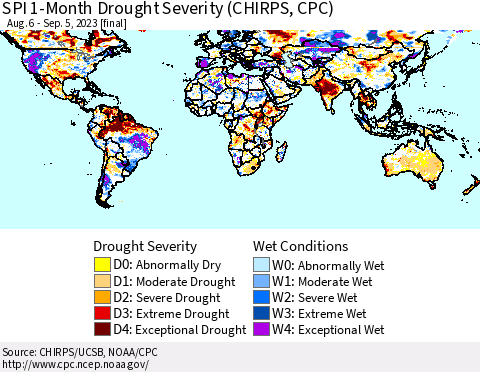 World SPI 1-Month Drought Severity (CHIRPS) Thematic Map For 8/6/2023 - 9/5/2023