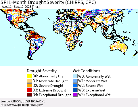 World SPI 1-Month Drought Severity (CHIRPS) Thematic Map For 8/11/2023 - 9/10/2023