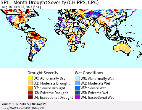 World SPI 1-Month Drought Severity (CHIRPS) Thematic Map For 8/16/2023 - 9/15/2023