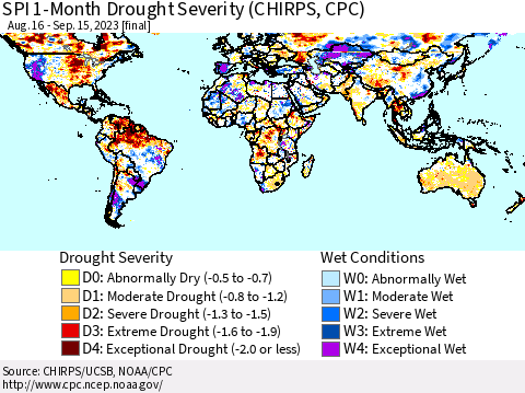 World SPI 1-Month Drought Severity (CHIRPS) Thematic Map For 8/16/2023 - 9/15/2023