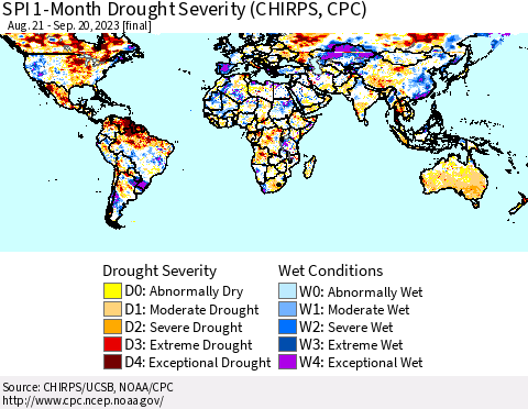 World SPI 1-Month Drought Severity (CHIRPS) Thematic Map For 8/21/2023 - 9/20/2023