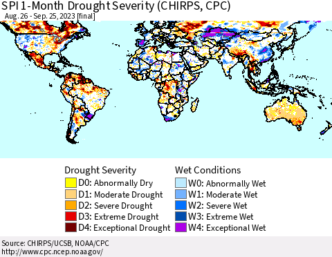 World SPI 1-Month Drought Severity (CHIRPS) Thematic Map For 8/26/2023 - 9/25/2023