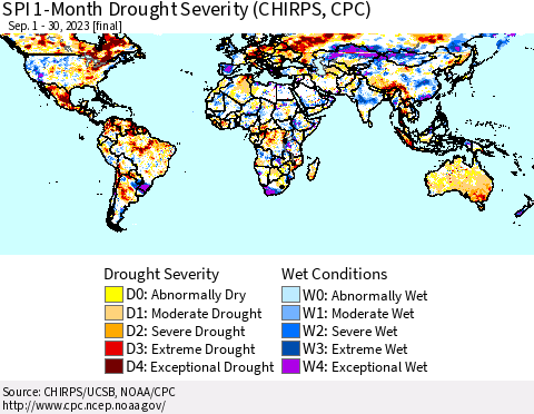 World SPI 1-Month Drought Severity (CHIRPS) Thematic Map For 9/1/2023 - 9/30/2023