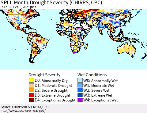 World SPI 1-Month Drought Severity (CHIRPS) Thematic Map For 9/6/2023 - 10/5/2023
