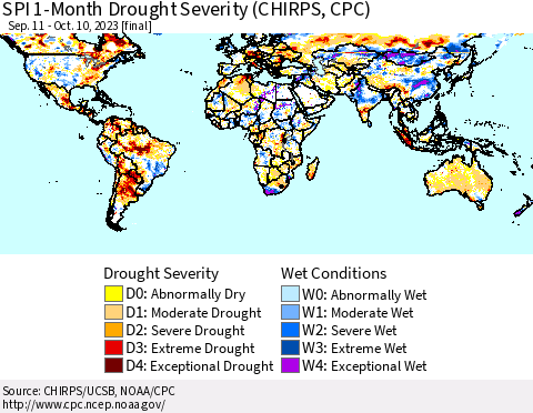 World SPI 1-Month Drought Severity (CHIRPS) Thematic Map For 9/11/2023 - 10/10/2023