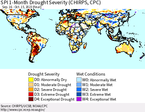 World SPI 1-Month Drought Severity (CHIRPS) Thematic Map For 9/16/2023 - 10/15/2023