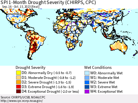 World SPI 1-Month Drought Severity (CHIRPS) Thematic Map For 9/16/2023 - 10/15/2023