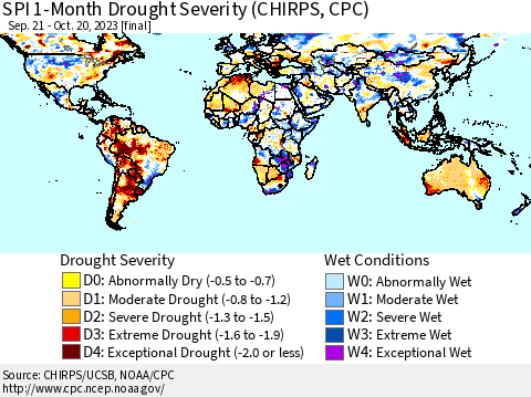 World SPI 1-Month Drought Severity (CHIRPS) Thematic Map For 9/21/2023 - 10/20/2023