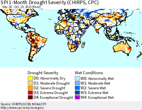 World SPI 1-Month Drought Severity (CHIRPS) Thematic Map For 9/26/2023 - 10/25/2023