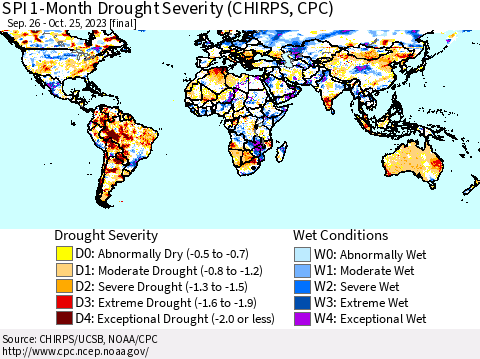 World SPI 1-Month Drought Severity (CHIRPS) Thematic Map For 9/26/2023 - 10/25/2023