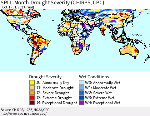 World SPI 1-Month Drought Severity (CHIRPS) Thematic Map For 10/1/2023 - 10/31/2023