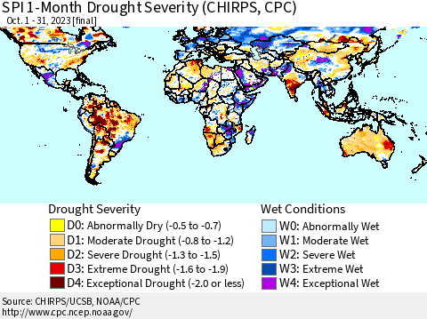 World SPI 1-Month Drought Severity (CHIRPS) Thematic Map For 10/1/2023 - 10/31/2023