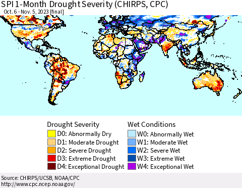 World SPI 1-Month Drought Severity (CHIRPS) Thematic Map For 10/6/2023 - 11/5/2023