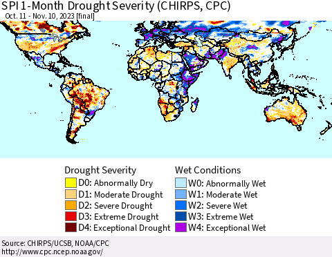 World SPI 1-Month Drought Severity (CHIRPS) Thematic Map For 10/11/2023 - 11/10/2023