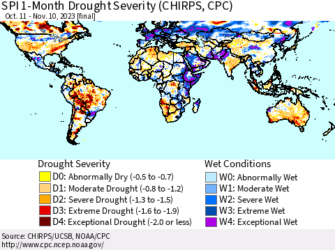 World SPI 1-Month Drought Severity (CHIRPS) Thematic Map For 10/11/2023 - 11/10/2023