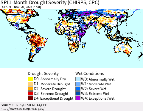 World SPI 1-Month Drought Severity (CHIRPS) Thematic Map For 10/21/2023 - 11/20/2023