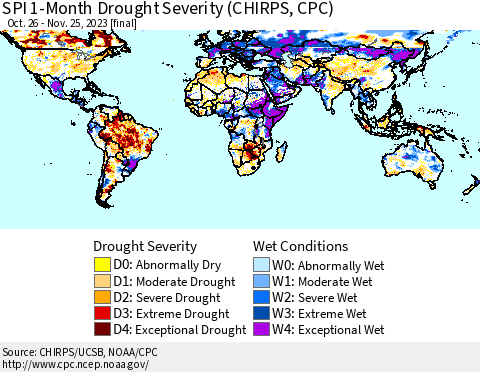 World SPI 1-Month Drought Severity (CHIRPS) Thematic Map For 10/26/2023 - 11/25/2023