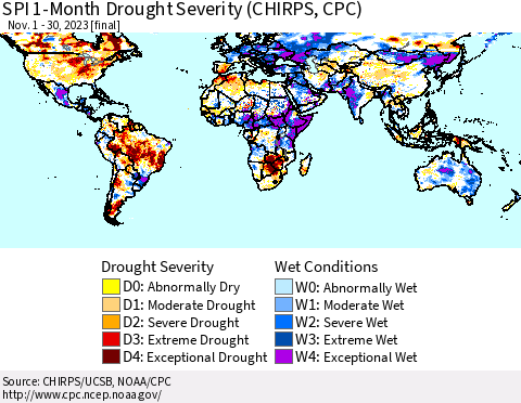 World SPI 1-Month Drought Severity (CHIRPS) Thematic Map For 11/1/2023 - 11/30/2023