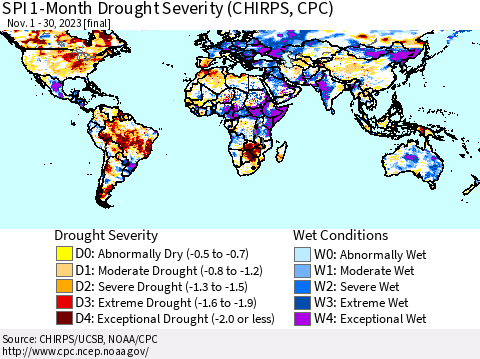 World SPI 1-Month Drought Severity (CHIRPS) Thematic Map For 11/1/2023 - 11/30/2023