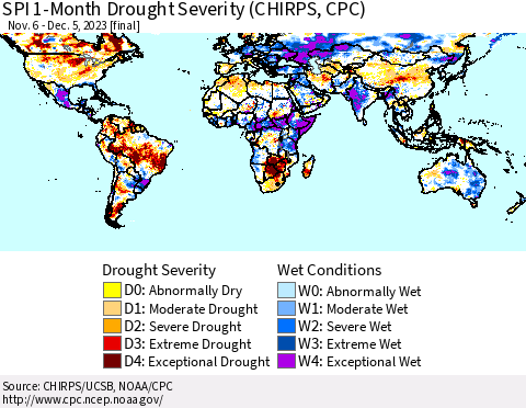 World SPI 1-Month Drought Severity (CHIRPS) Thematic Map For 11/6/2023 - 12/5/2023