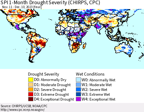 World SPI 1-Month Drought Severity (CHIRPS) Thematic Map For 11/11/2023 - 12/10/2023