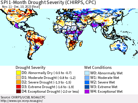 World SPI 1-Month Drought Severity (CHIRPS) Thematic Map For 11/11/2023 - 12/10/2023