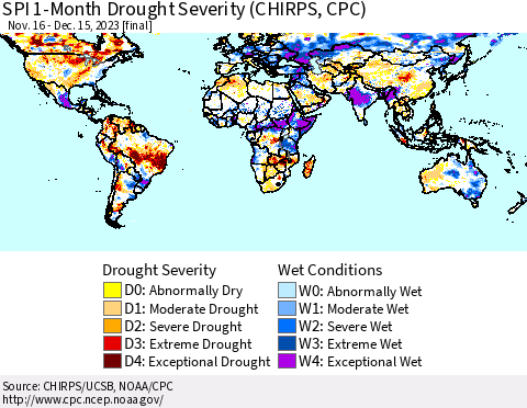 World SPI 1-Month Drought Severity (CHIRPS) Thematic Map For 11/16/2023 - 12/15/2023