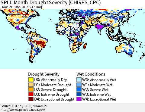 World SPI 1-Month Drought Severity (CHIRPS) Thematic Map For 11/21/2023 - 12/20/2023