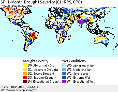 World SPI 1-Month Drought Severity (CHIRPS) Thematic Map For 11/26/2023 - 12/25/2023