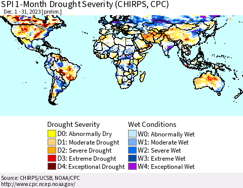World SPI 1-Month Drought Severity (CHIRPS) Thematic Map For 12/1/2023 - 12/31/2023