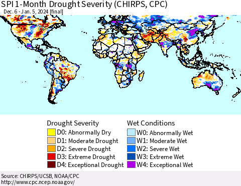 World SPI 1-Month Drought Severity (CHIRPS) Thematic Map For 12/6/2023 - 1/5/2024