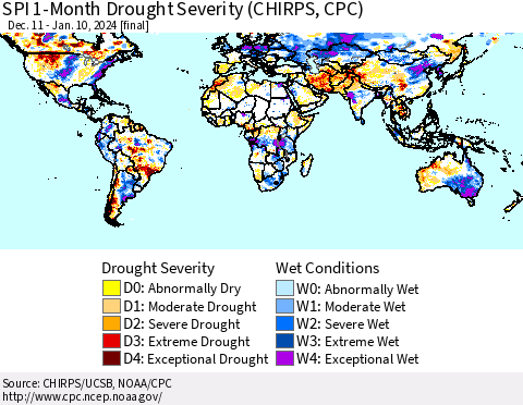 World SPI 1-Month Drought Severity (CHIRPS) Thematic Map For 12/11/2023 - 1/10/2024