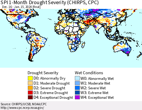 World SPI 1-Month Drought Severity (CHIRPS) Thematic Map For 12/16/2023 - 1/15/2024