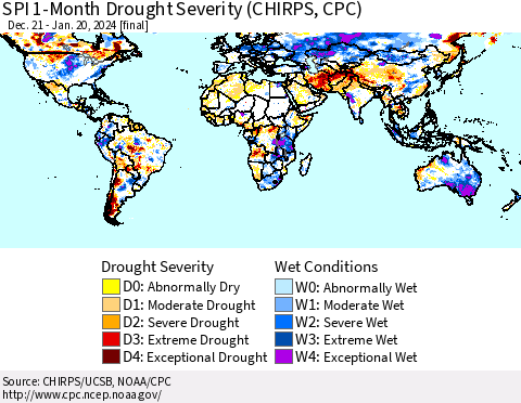 World SPI 1-Month Drought Severity (CHIRPS) Thematic Map For 12/21/2023 - 1/20/2024