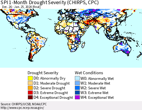 World SPI 1-Month Drought Severity (CHIRPS) Thematic Map For 12/26/2023 - 1/25/2024